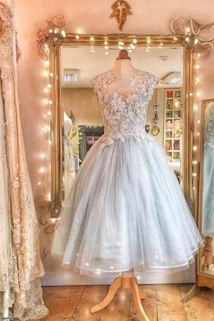 Lace Appliques College Homecoming Dresses, Short Length Pearl Sleeveless Jewel Neckline Ball Gown, Tulle Party Prom Dress