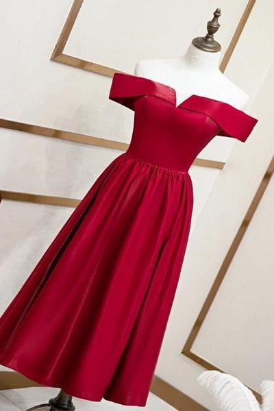Beautiful Wine Red Tea Length Satin Bridesmaid Dress, Cute Short Prom Dress