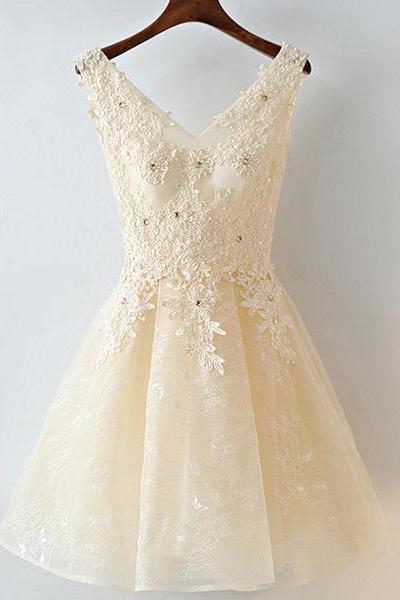 Cute Light Champagne Lace Knee Length Party Dress, Short Prom Dress