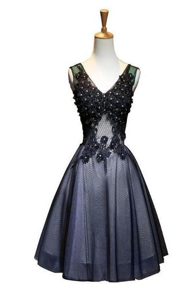 Black V-neckline Tulle with Lace Applique Party Dress, Black Homecoming Dress