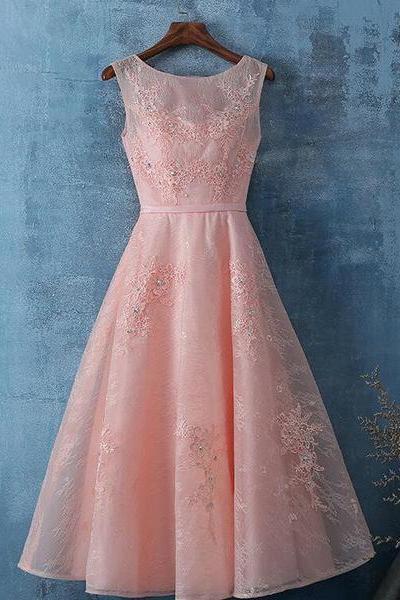 Lace Tea Length Simple Bridesmaid Dress, Lace Prom Dresses