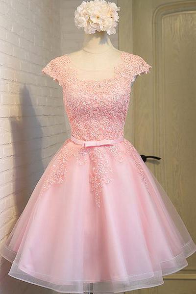 Cute Pink Round Neckline Tulle Party Dress, Pink Cap Sleeves Formal Dress