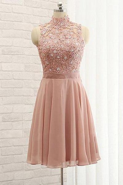 Beautiful Short Chiffon and Lace High Neckline Bridesmaid Dress, Lovely Party Dress 