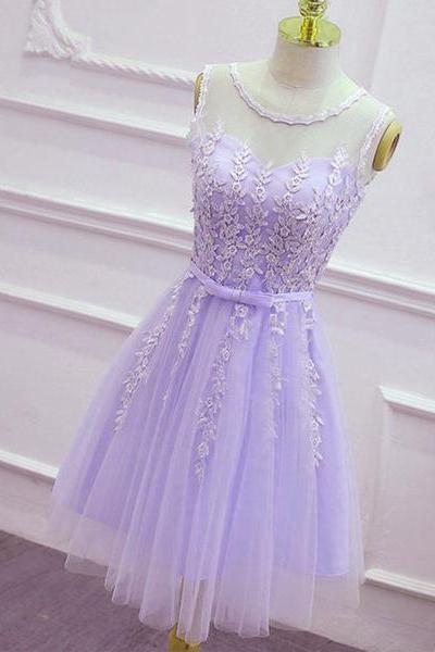 Lovely Tulle Round Neckline Applique Purple Party Dress, Lavender Homecoming Dress