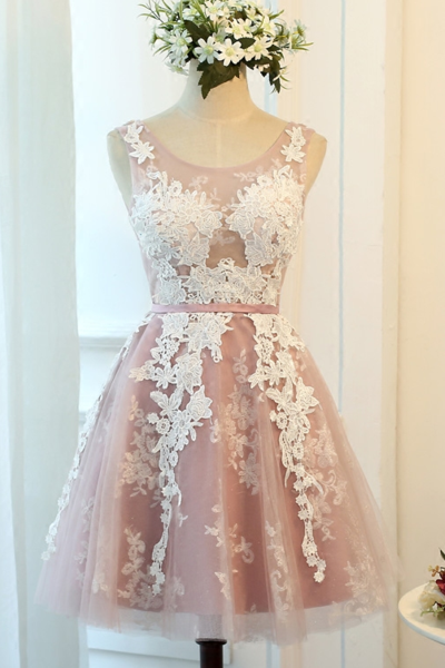 Tulle Round Neckline Short Party Dress With Applique, Lovely Homecoming Dress