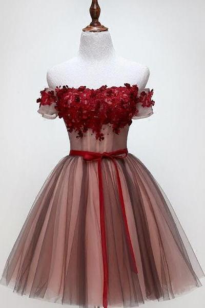 Beautiful Off Shoulder Tulle Knee Length Party Dress , Red Homecoming Dress With Applique
