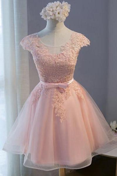 Pink Round Neckline Tulle Cute Knee Length Party Dress , Pink Party Dresses