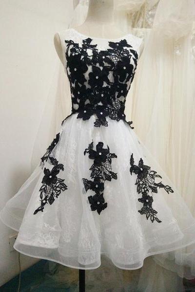 White Tulle And Lace Knee Length Party Dress With Black Lace, Cute Party Dress