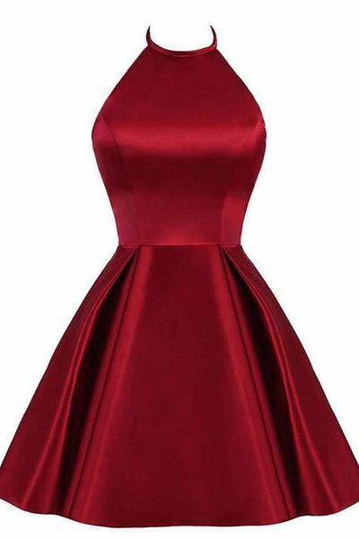 Beautiful Wine Red Halter Knee Length Homecoming Dress, Satin Short Prom Dress