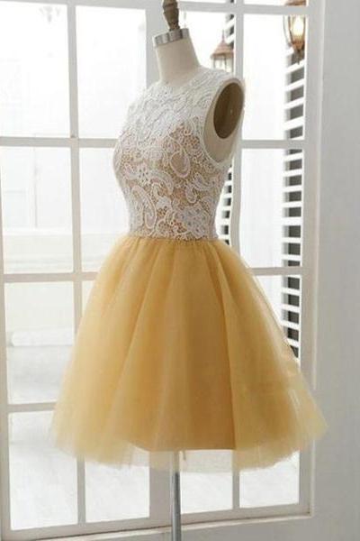 Beautiful Tulle Lace Round Neckline Short Party Dress, Lovely Homecoming Dresses