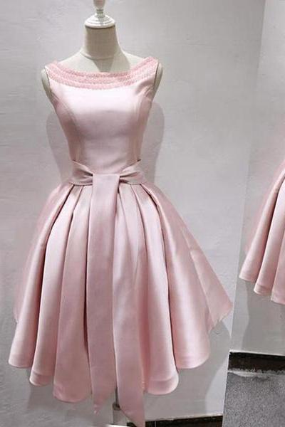 Lovely Pink Satin Round Beaded Knee Length Satin Party Dress, Pink Homecoming Dresses