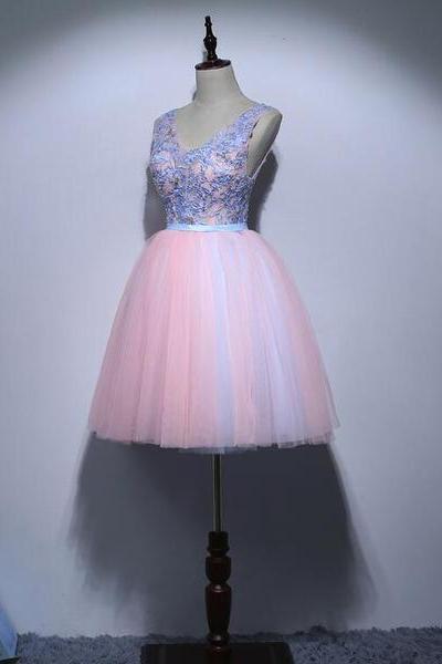 Tulle Cute Pink And Blue V-neckline Party Dresses, Homecoming Dresses