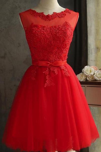 Red Tulle Short Lovely Knee Length Party Dresses, Red Formal Dresses, Short Party Dresses