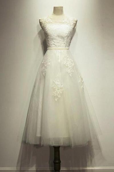 Vintage White Tea Length Formal Dress, Tulle Party Dress With Applique, Prom Dress
