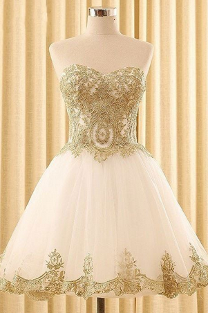 White Tulle Homecoming Dress,gold Appliques Short Ball Gown,strapless Corset Graduation Dress