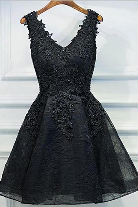 Black V Neck Lace Short Prom Dress,homecoming Dresses,homecoming Dresses