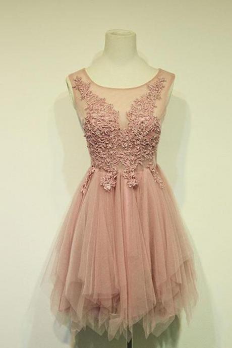 Pink Tulle Lace Short Prom Dress, Evening Dress