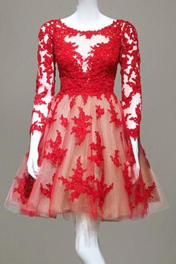 Red Lace O-neck Homecoming Dresses ,long Sleeve Graduation Dresses,homecoming Dress,short/mini Homecoming Dress