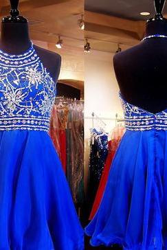 High Neck Homecoming Dress, Royal Blue Chiffon Beaded Bodice Mini Length Homecoming Dress
