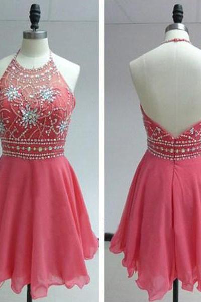 Watermelon Short Beaded Prom Dresses, Open Back Chiffon Homecoming Dresses,charming Cocktail Dresses