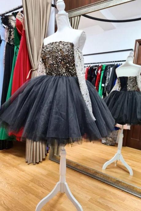 Black Tulle Sequin Short Prom Dress, Black Homecoming Dress