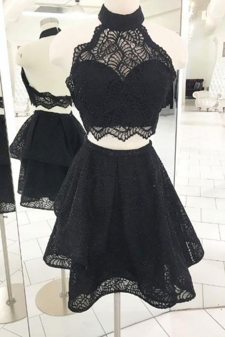 Cute Black Lace Short Prom Dress, Black Homecoming Dress