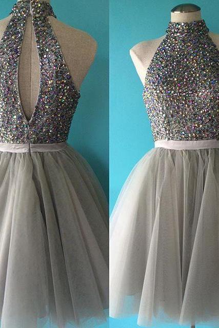 Open Back Silver Tulle Beaded Homecoming Dresses, Short Sexy Party Cocktail Dresses, Halter Graduation Dress For Teens Girs