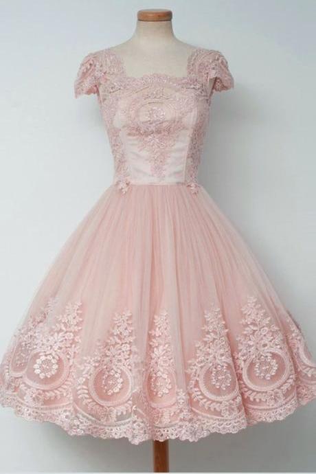 Vintage Knee-length Pearl Pink Homecoming Dress With Lace