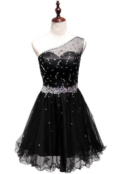 One Shoulder Black Homecoming Party Dress With Sheer Back