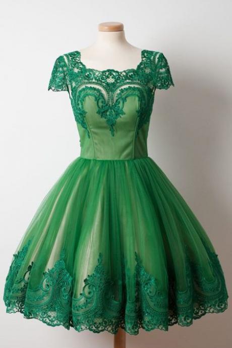 Cap Sleeves Green Short Dress with Lace