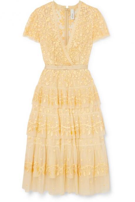 V Neck Tiered Embroidered Tulle Midi Dress.yellow Appliques Homecoming Dress.