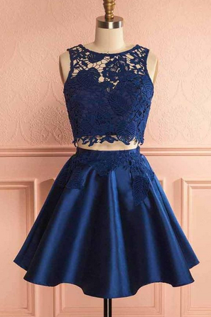 Royal Blue Short Two Pieces Homecoming Dress,sleeveless Appliques Lace Homecoming Dress