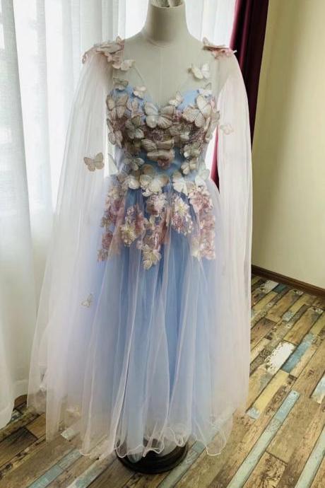 Sleeveless Prom Dress ,blue Party Dress Appliques Homecoming Dress
