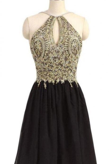 Gold Beading Homecoming Dress,lace Halter Graduation Dress, Prom Dress, Black Chiffon Homecoming Dress