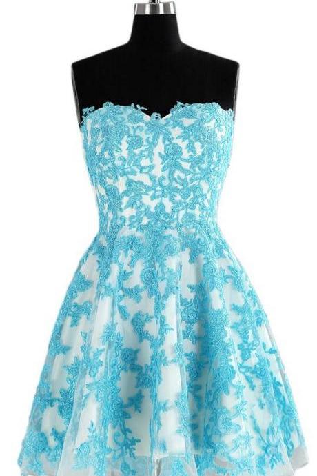 Lace Homecoming Dress, Sweetheart Above-knee Blue Organza Homecoming Dress, Prom Dress,graduation Dress