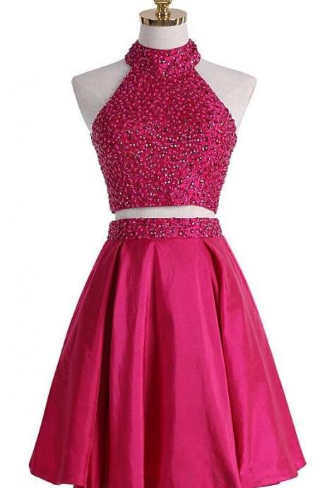 Pink Homecoming Dress,sexy Prom Dress,two Piece Halterneck Short Homecoming Dress With Beaded Bodice