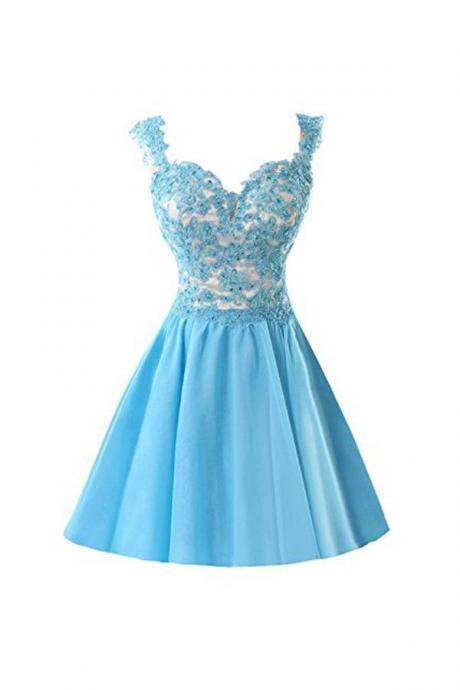 Blue Homecoming Dress Appliques Lace Prom Dress, Short Prom Gowns