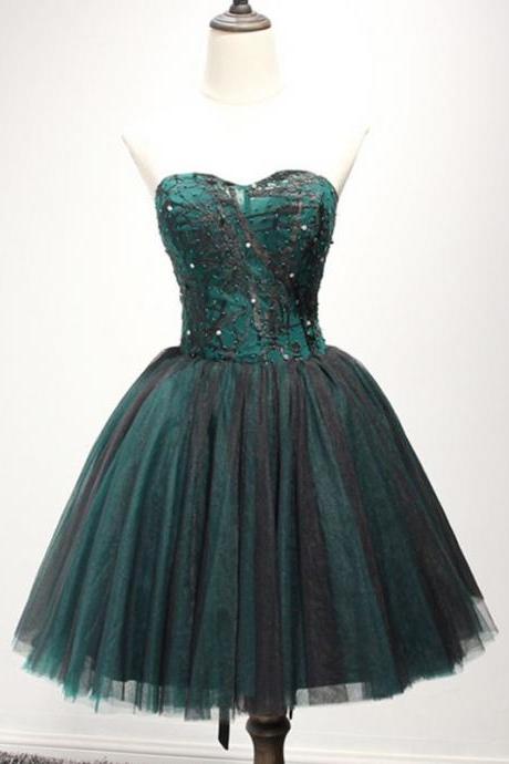 Sexy Evening Dress, Beaded Prom Dress, Tulle Short Homecoming Dresses, Strapless Prom Gown