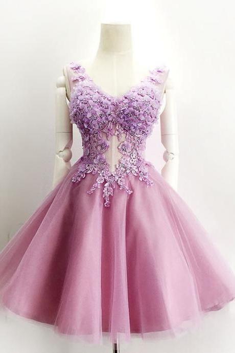 Ball Gown V-neck Short Homecoming Gown,purple Lace-up Organza Evening Dress,homecoming Dress With Appliques Beading