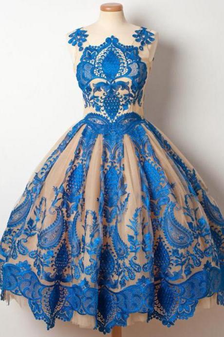 Vintage Homecoming Dress, Royal Blue Appliques Tulle Short Prom Dress ,party Dress