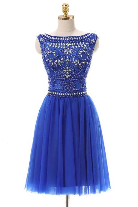 Cap Sleeve Prom Dress,royal Blue Party Dress,fornal Homecoming Dress With Beads