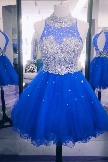 Crystal Beaded High Neck Open Back Short Ruffles Homecoming Dresses, Mini Ball Gowns, Prom Dress