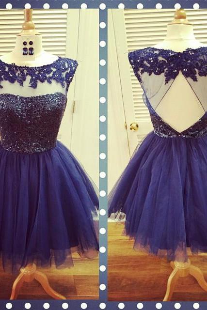 Navy Blue Sequins Cap Sleeves Homecoming Dresses, Lace Appliques Cocktail Party Dress