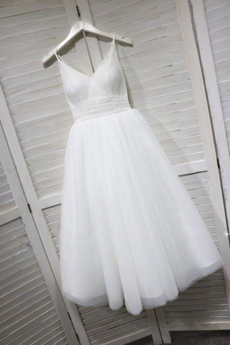 White V Neck Tulle Lace Tea Length Homecoming Dress, Short Prom Party Dress, Bridesmaid Dress