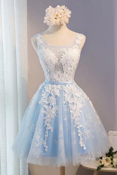 Baby Blue Tulle Lace Applique Homecoming Dress, Backless A Line Knee Length Prom Dress, Party Dress