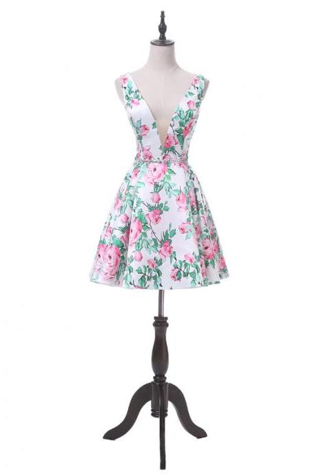 Floral Print V-neck Homecoming Dress, A-line Short Homecoming Dresses