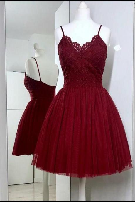 Cute Burgundy Lace Short Homecoming Dress, A Line Party Gowns ,wedding Party Gowns