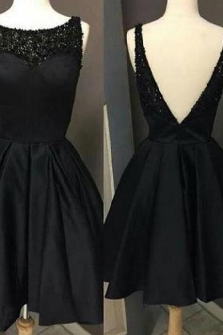 Black Satin Scoop Short Prom Dress, Back Open Women Short Homecoming Party Gowns, Party Dress