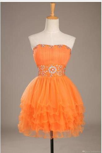 Lovely Crystal Sweetheart Party Dresses, Strapless Orange Mini Short Tulle Ccoktail Dresses, Homecoming Dresses,short Prom Gowns, Wedding Party