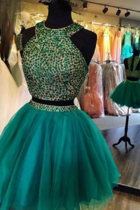 Two Pieces Short Beaded Homecoming Dresses, Sexy Knee Length Cocktail Party Prom Gowns, Green Short Cocktail Gowns